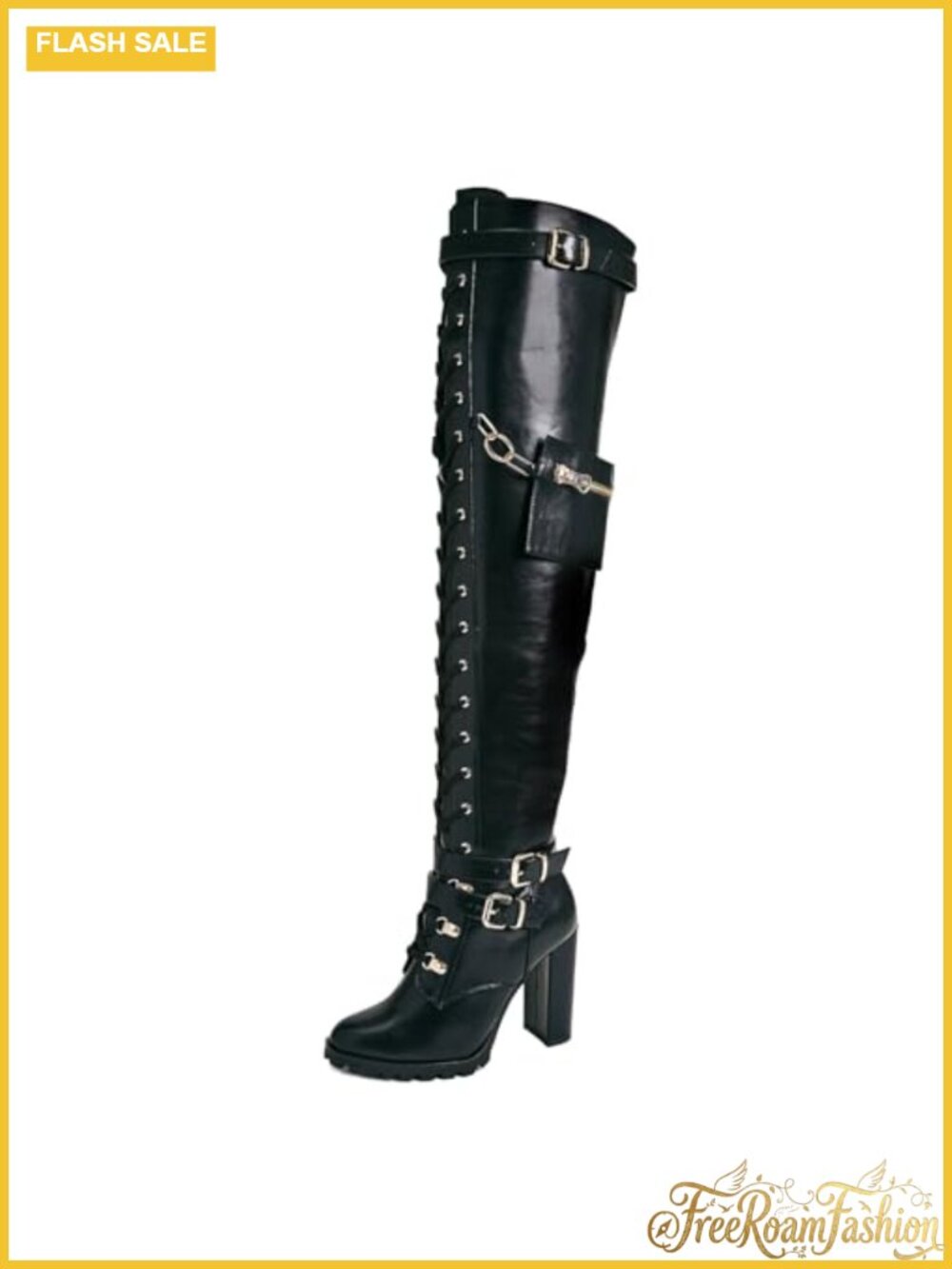 Women's Chunky Block High Heel Over The Knee Boots Lace Up Side Zipper